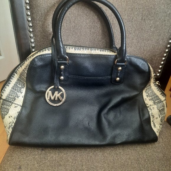 Michael Kors Black and Snakeskin Leather Bowling Bag Purse MK Logo - Picture 2 of 7